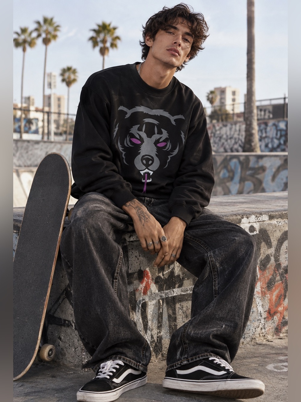 Mishka Death Adder Bear Skater Crewneck Goth Graphic Sweatshirt L Streetwear